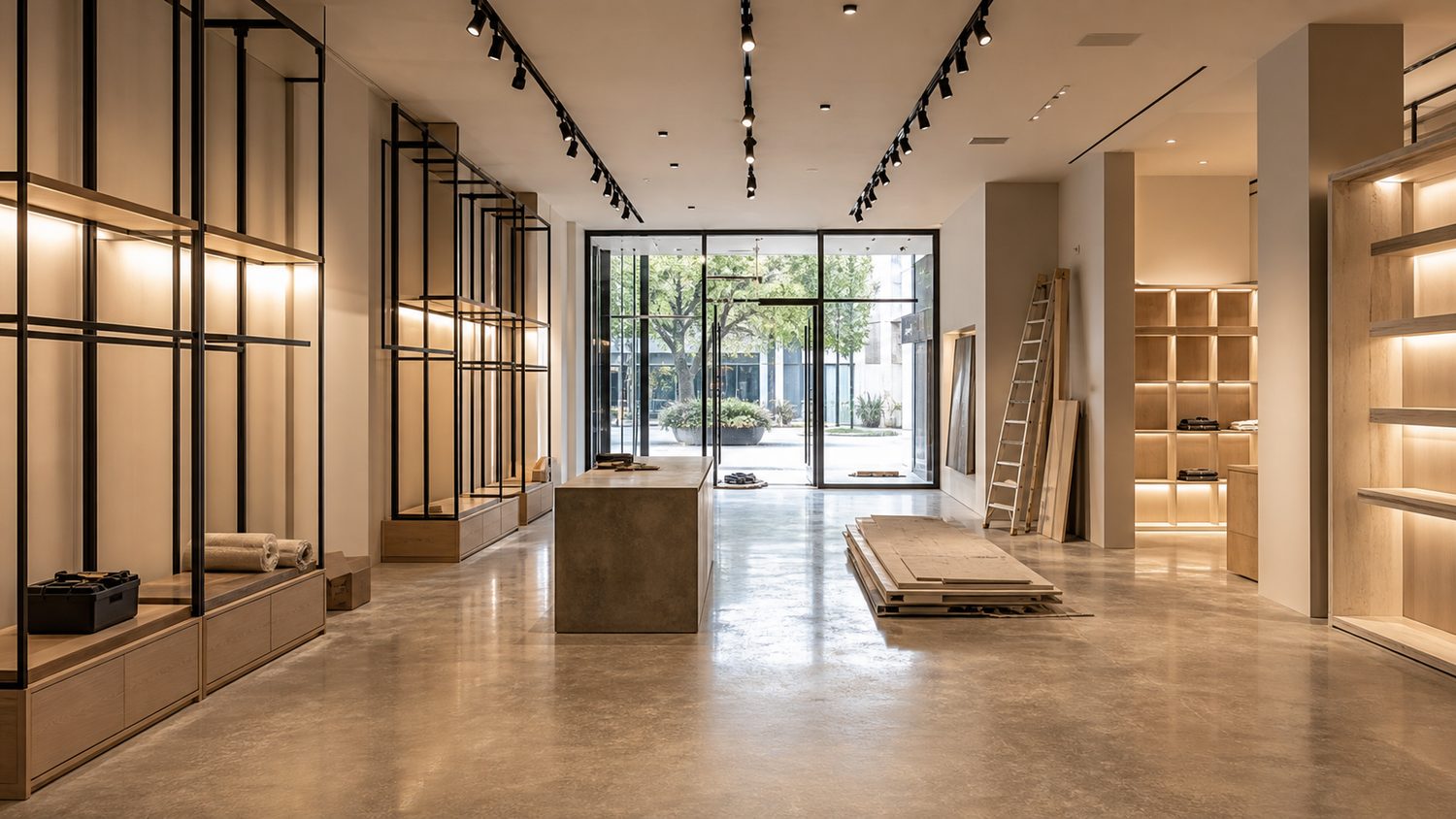 Habilitación elegante de local comercial con iluminación, estanterías y estructura interior